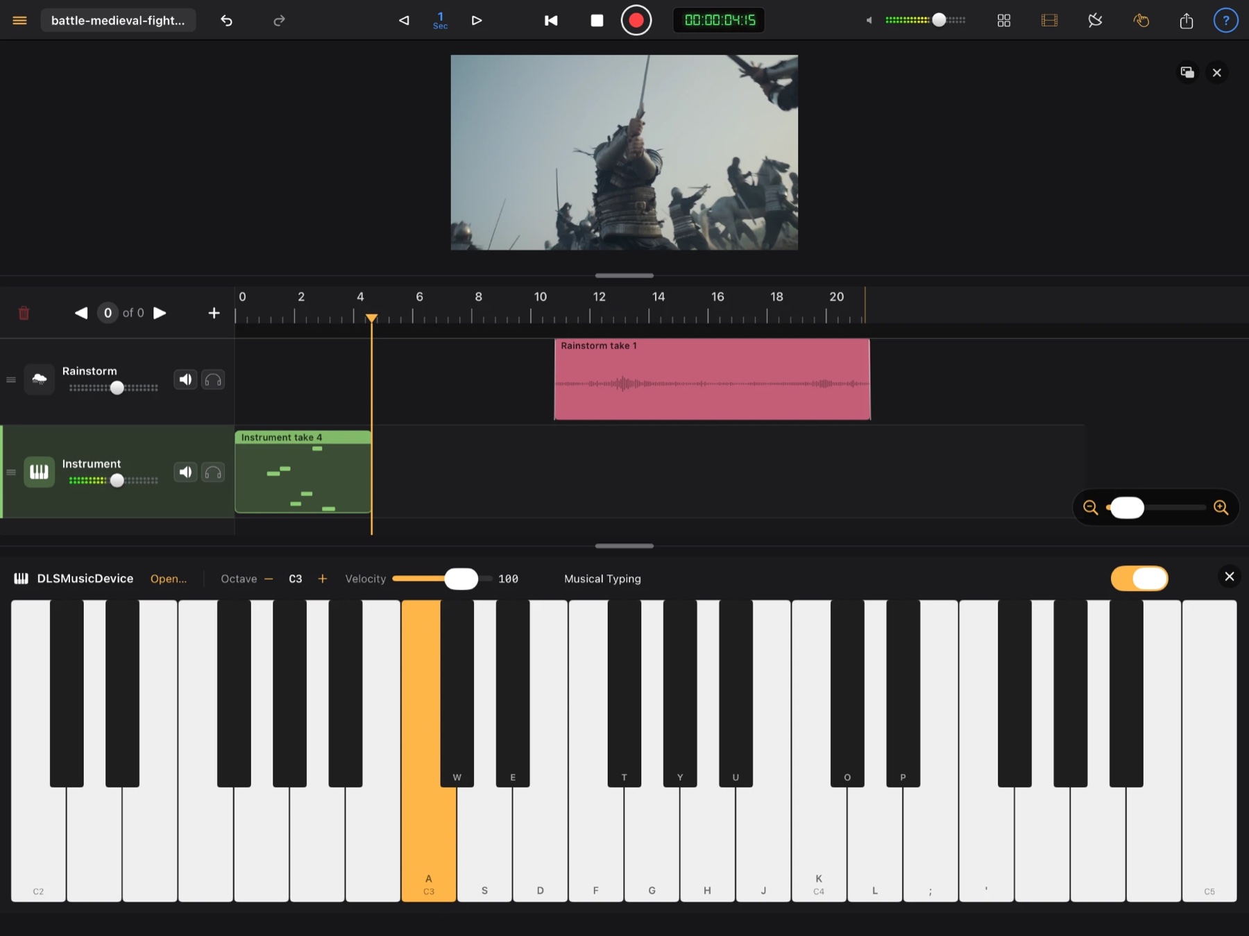 Playing an instrument with the on-screen keyboard