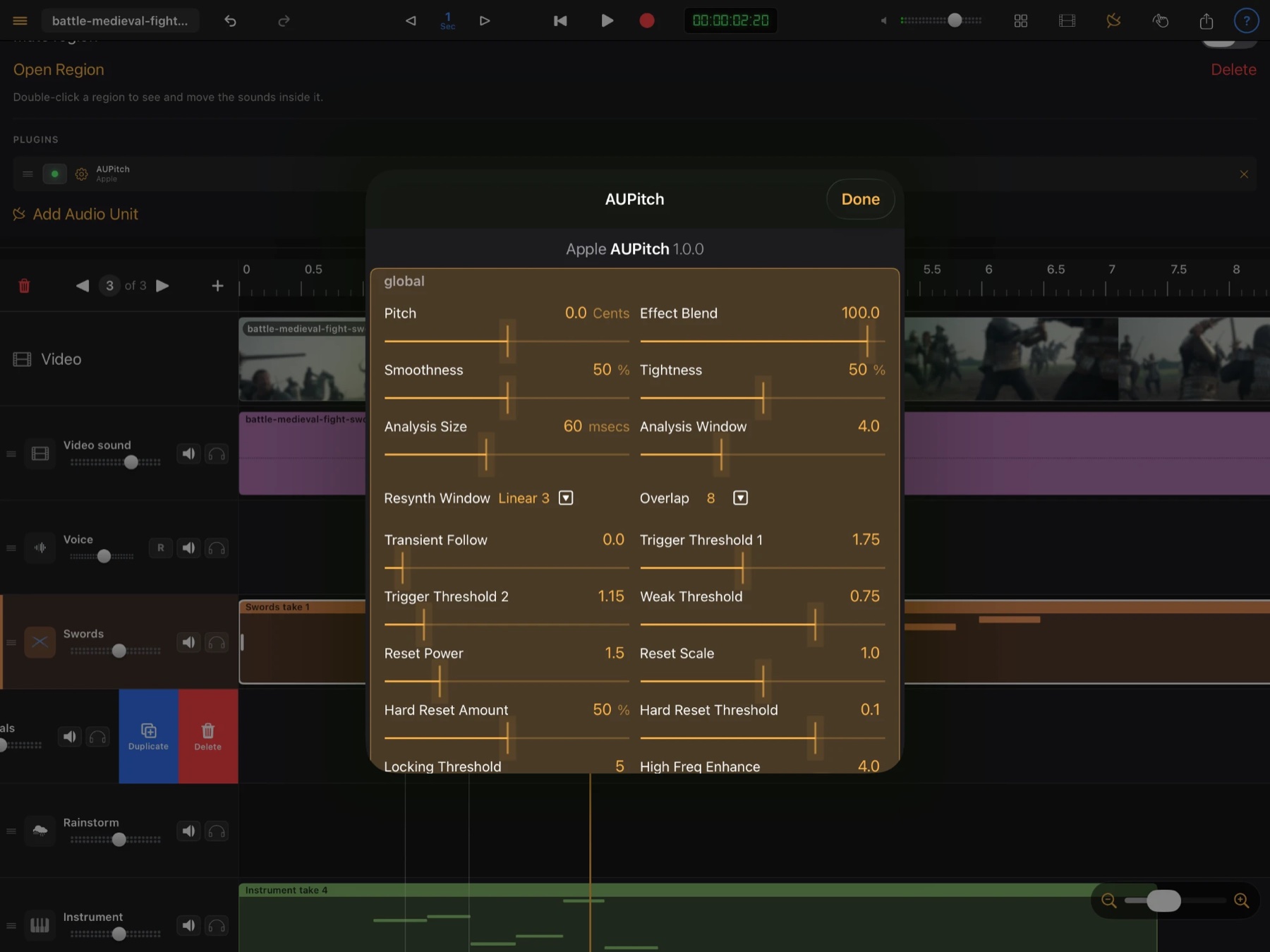 The AUPitch plugin on the Swords track