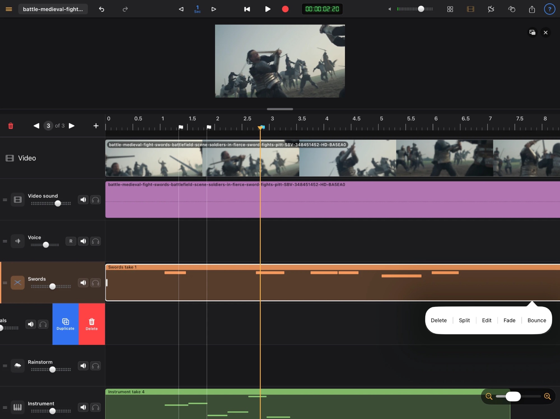Editing a clip on the iPad timeline