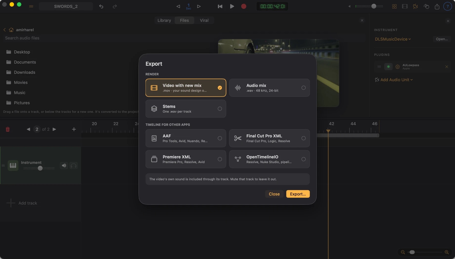 Export options on Mac