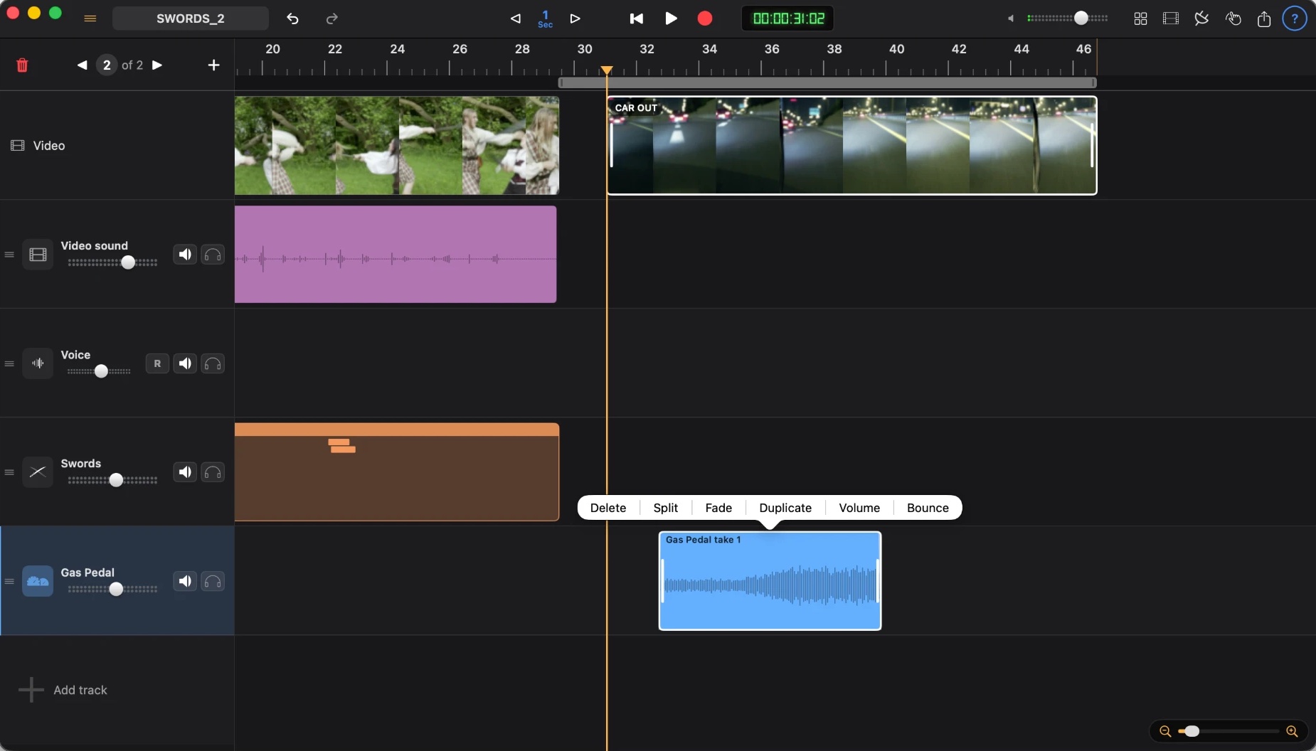 The Mac timeline with video, Foley and Gas Pedal tracks